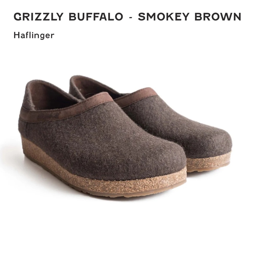 Haflinger 44 grizzly buffalo Smokey brown clogs wool felt leather trim slippers